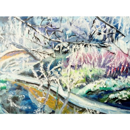 Zimowy pejzaż w ogrodzie, Krystyna Mościszko, obrazy akryl