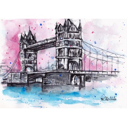 Tower Bridge, London, A4, akwarela, Monika Palichleb, obrazy akwarela