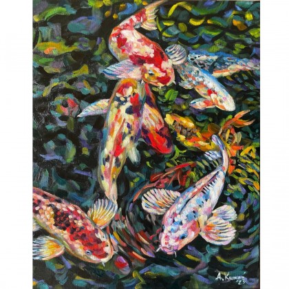 Obraz Ryby Koi, 40×50 cm, olej na płótnie, 2023, Agnieszka Kumoń, obrazy olejne