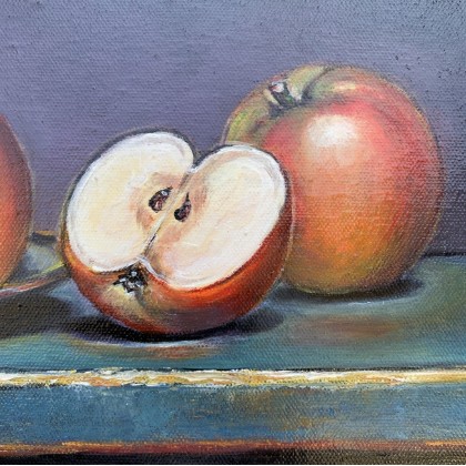 Myroslava Burlaka - obrazy olejne - Czerwone jabłka na stole. Ekologiczna martwa natura. foto #1