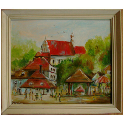 Kazimierz Dolny obraz olejny 31-36cm w ramie 38-43cm na płycie, Grażyna Potocka, obrazy olejne