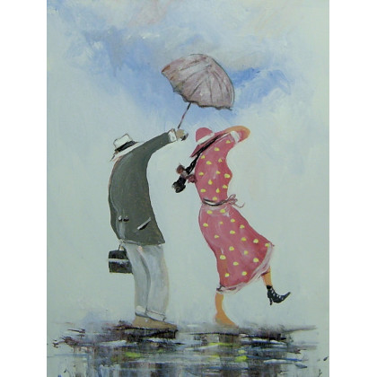 Zakochani z parasolem..., Dariusz Grajek, olej + akryl