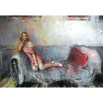 Dziewczyna na sofie..., Dariusz Grajek, olej + akryl