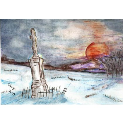 Zimowy zachód słońca, Bożena Ronowska, obrazy akwarela