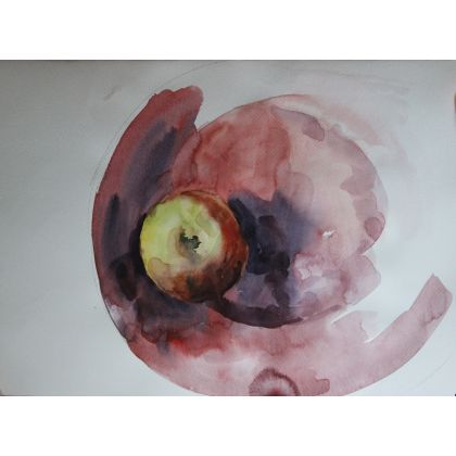 Jabłko na talerzu, Kateryna Honcharenko, obrazy akwarela