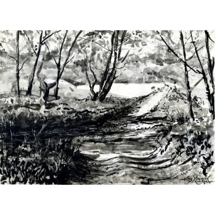 Leśny strumień, Witold Kubicha, rysunki tech.mieszana