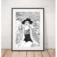 biało-czarny plakat  kobieta na plaży