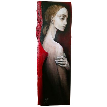 Anioł Carminio na drewnie 68 cm / 28 cm, Jola Karczewska-Mełnicka , olej + akryl