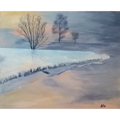 Zimowy zachód słońca., Bogumiła Szufnara, obrazy akryl