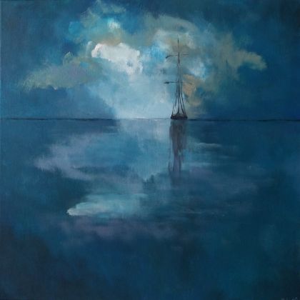 Morze-samotna łódź, Paulina Lebida, obrazy akryl