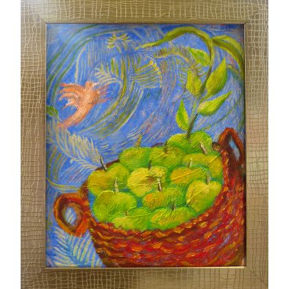 Koliber i kosz jabłek obraz olejny, Elżbieta Goszczycka, obrazy olejne
