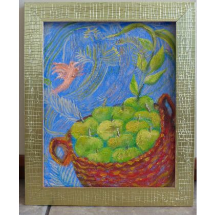 Elżbieta Goszczycka - obrazy olejne - Koliber i kosz jabłek obraz olejny foto #3