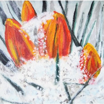 Tulipany w śniegu, Krystyna Mościszko, obrazy akryl