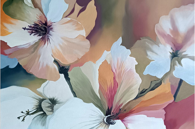 Joanna Tomczyk ; Abstrakcyjny kwiatowy raj, obraz olejny 97x70 cm