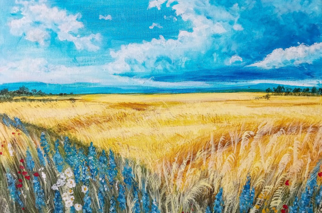 Marzena Dymek ; NASTROJOWY PEJZAŻ MALOWANY NA PŁÓTNIE - WAKACJE NA WSI 30x40cm