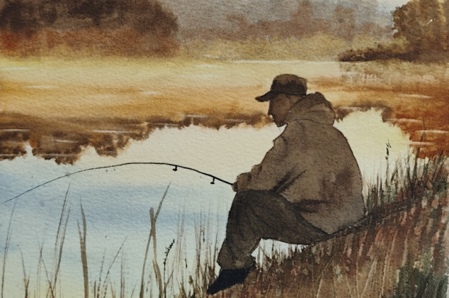 Beata Rudecka ; Oryginalny obraz akwarelowy z motywem wędkarza. Watercolor.