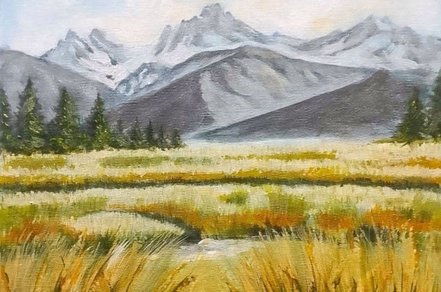 Marzena Dymek ; NASTROJOWY PEJZAŻ MALOWANY NA PŁÓTNIE - ECHO GÓR 30x30cm
