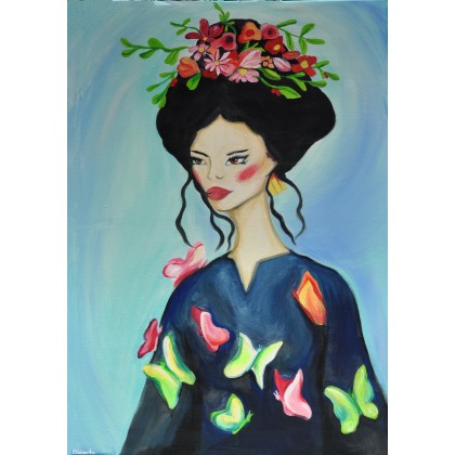 Dama z kwiatami i motylami, Olimpia Ciećwierska , obrazy akryl