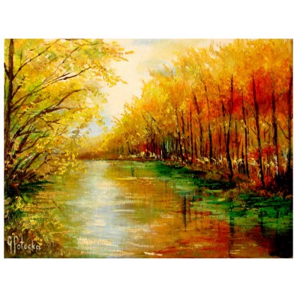 Jesień nad wodą obraz olejny 30-40cm, Grażyna Potocka, obrazy olejne