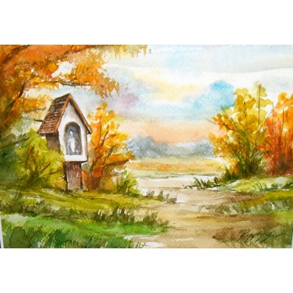 Jesień, kapliczka, Danuta Rydygier, obrazy akwarela