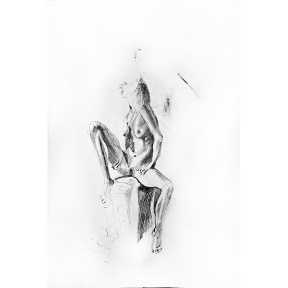 Siedząca odwaznie naga - Akt I, szkic, Joanna Żochowska, rysunek węglem