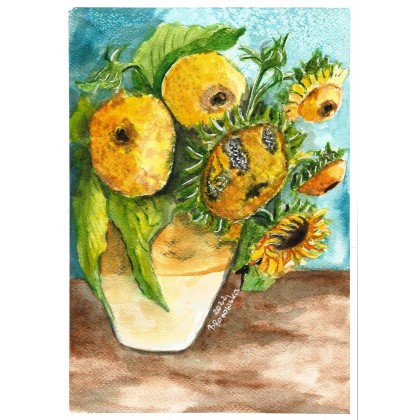 Słoneczniki w wazonie, Bożena Ronowska, obrazy akwarela