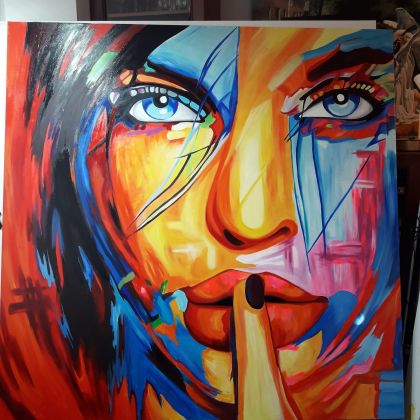 Kobieta - cisza, twarz kobiety w kolorac, Emilia Czupryńska, olej + akryl