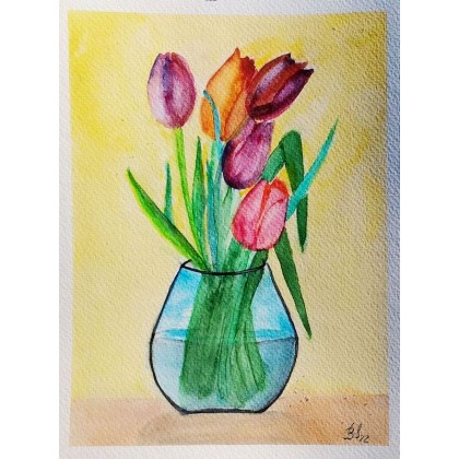 Tulipany w wazonie , akwarela ., Bogumiła Szufnara, obrazy akwarela