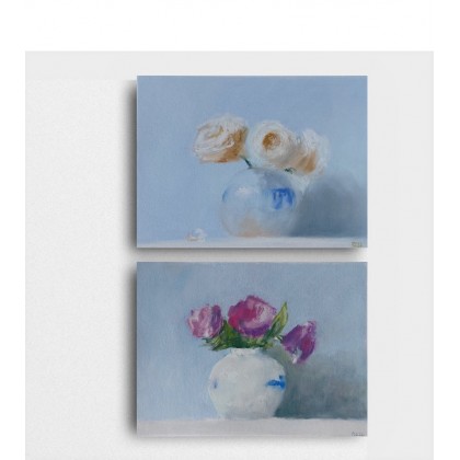 Kwiaty-dwie prace wykonane pastelami, Paulina Lebida, obrazy tech. mieszana