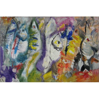 Ryby, abstrakcja, 80x120, Eryk Maler, obrazy olejne