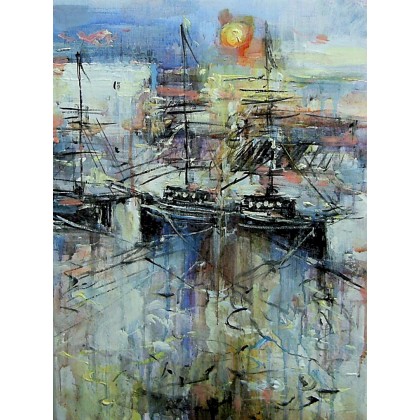 Słońce i łodzie..., Dariusz Grajek, olej + akryl