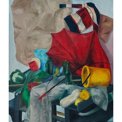 Martwa natura z czerwonym parasolem, Wanda Popiel, obrazy olejne