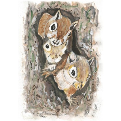 Trzy wiewiórki, Bożena Ronowska, obrazy akwarela