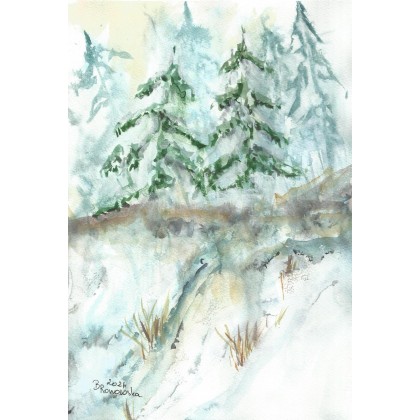 Zima w lesie, Bożena Ronowska, obrazy akwarela