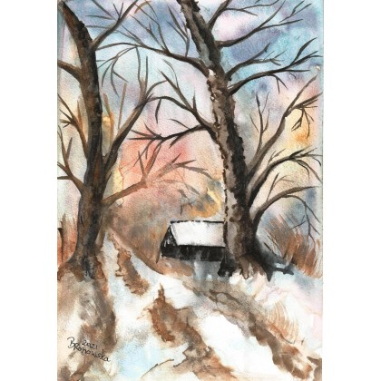 Zima w lesie, Bożena Ronowska, obrazy akwarela