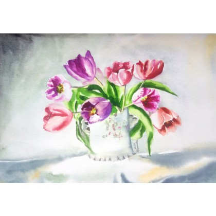 Tulipany w malowanym wazonie, Bożena Ronowska, obrazy akwarela