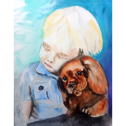 Chłopiec i jego pies, Bożena Ronowska, obrazy akwarela
