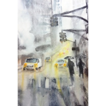 Ruchliwa ulica w deszczu, Bożena Ronowska, obrazy akwarela