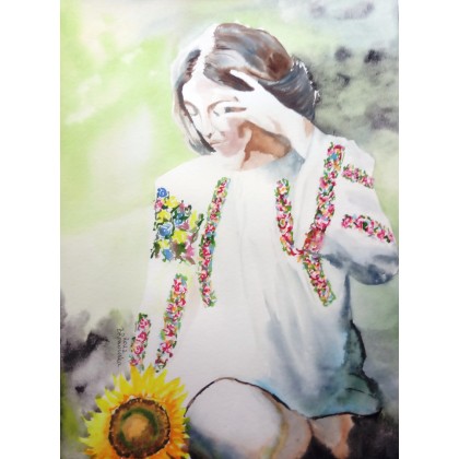 Dziewczyna ze słonecznikiem, Bożena Ronowska, obrazy akwarela