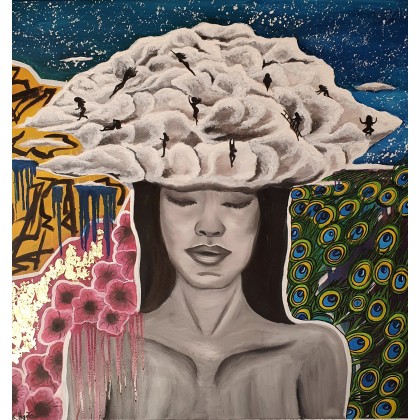 Obraz olejny  Burza myśli 100x100 kobieta chmury kwiaty, KlaudiaWieclaw, obrazy olejne