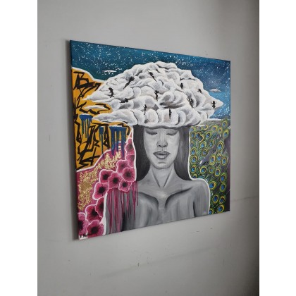 KlaudiaWieclaw - obrazy olejne - Obraz olejny  Burza myśli 100x100 kobieta chmury kwiaty foto #4