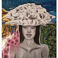 Obraz olejny  Burza myśli 100x100 kobieta chmury kwiaty