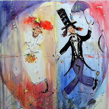 Zakochani pod parasolem.., Dariusz Grajek, olej + akryl