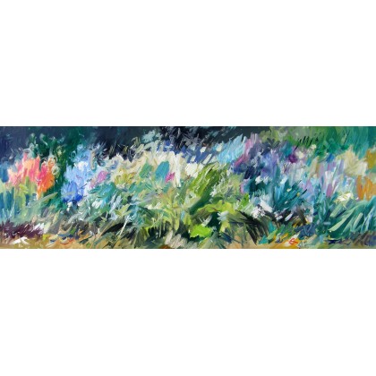 Kwiaty w ogrodzie, 40x120 cm, 2022, Eryk Maler, obrazy olejne