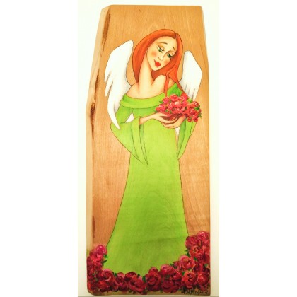 Anioł zielony z różami, Elżbieta Wiśniewska, obrazy akryl