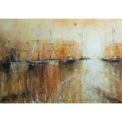 Słoneczna zatoka z łodziami..., Dariusz Grajek, olej + akryl