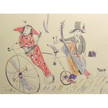 Bicykl i muzyczna para..., Dariusz Grajek, obrazy tech. mieszana