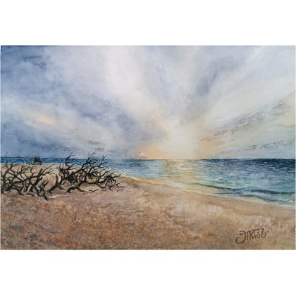 Wschód słońca na plaży, Akwarela A4, Joanna Tomczyk, obrazy akwarela