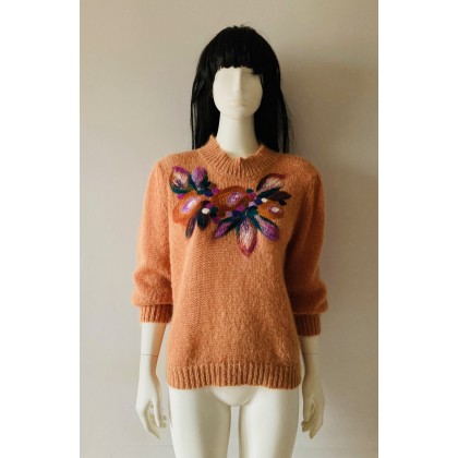 Sweter dziergany, moherowy, zdobiony wełną czesankową., PinPin Joanna Musialska, swetry