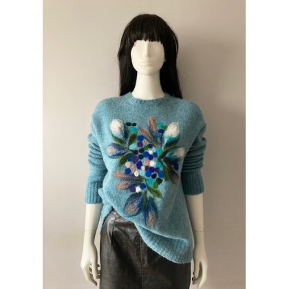 Sweter turkusowy zdobiony wełną czesankową motywem kwiatowym., PinPin Joanna Musialska, swetry